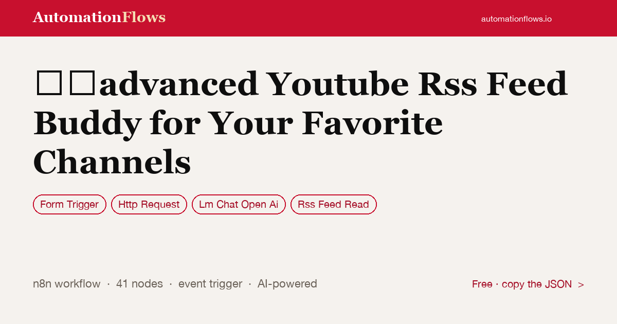 YouTube RSS Feed to Gmail with AI — n8n workflow card showing Form Trigger, HTTP Request, OpenAI Chat integration