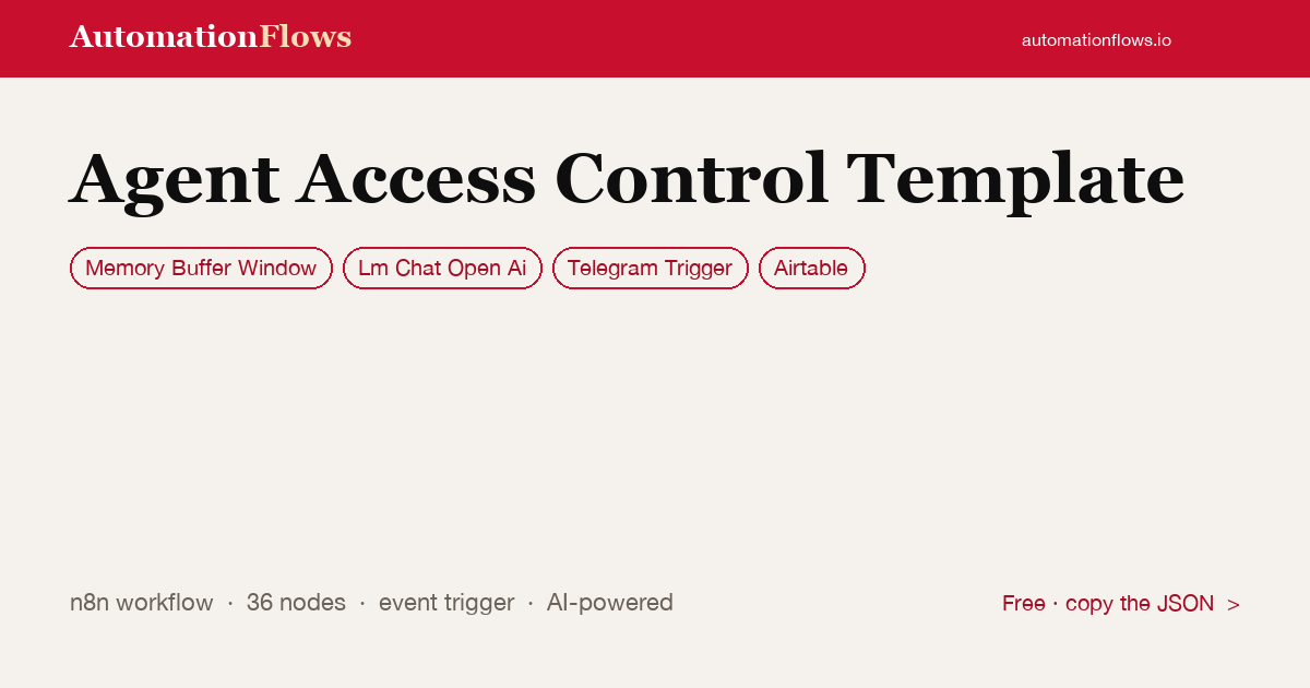 AI Agent Access Control with Telegram & Airtable — n8n workflow card showing Memory Buffer Window, OpenAI Chat, Telegram Trigger integration