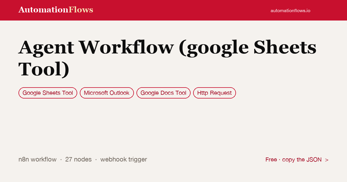 Agent Workflow (google Sheets Tool) — n8n workflow card showing Google Sheets Tool, Microsoft Outlook, Google Docs Tool integration