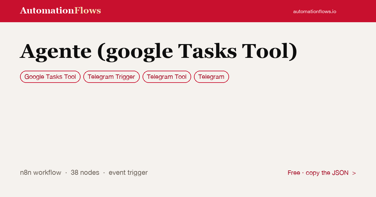 Telegram Google Tasks Agent — n8n workflow card showing Google Tasks Tool, Telegram Trigger, Telegram Tool integration