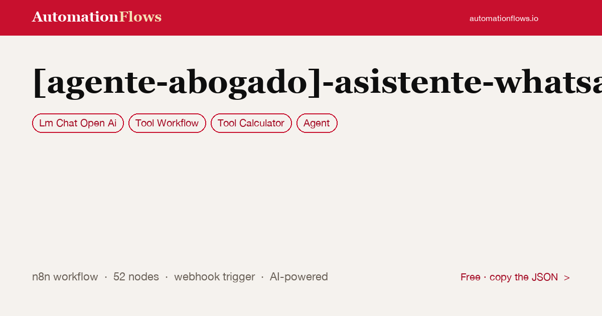 [agente-abogado]-asistente-whatsapp — n8n workflow card showing OpenAI Chat, Tool Workflow, Tool Calculator integration