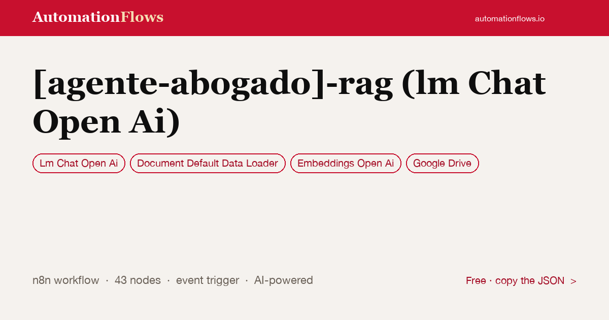 [agente-abogado]-rag (lm Chat Open Ai) — n8n workflow card showing OpenAI Chat, Document Default Data Loader, OpenAI Embeddings integration
