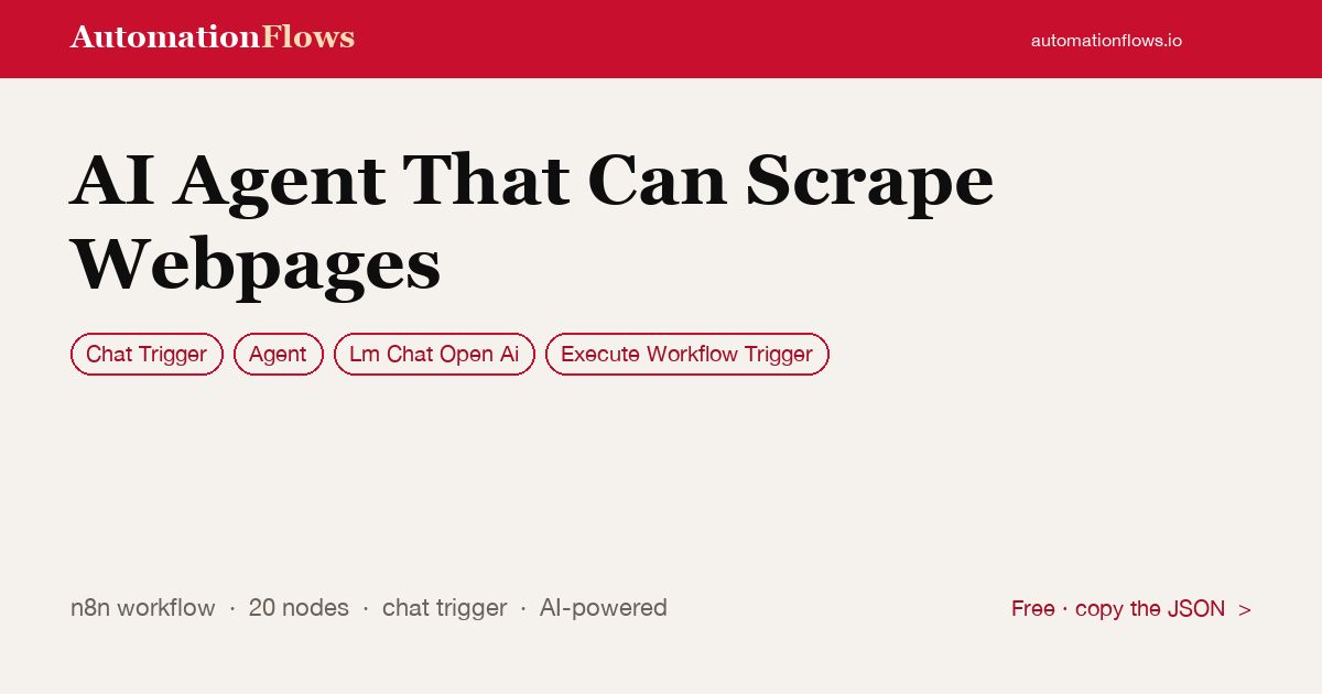 AI Agent Scrapes Webpages on Chat Command — n8n workflow card showing Chat Trigger, Agent, OpenAI Chat integration