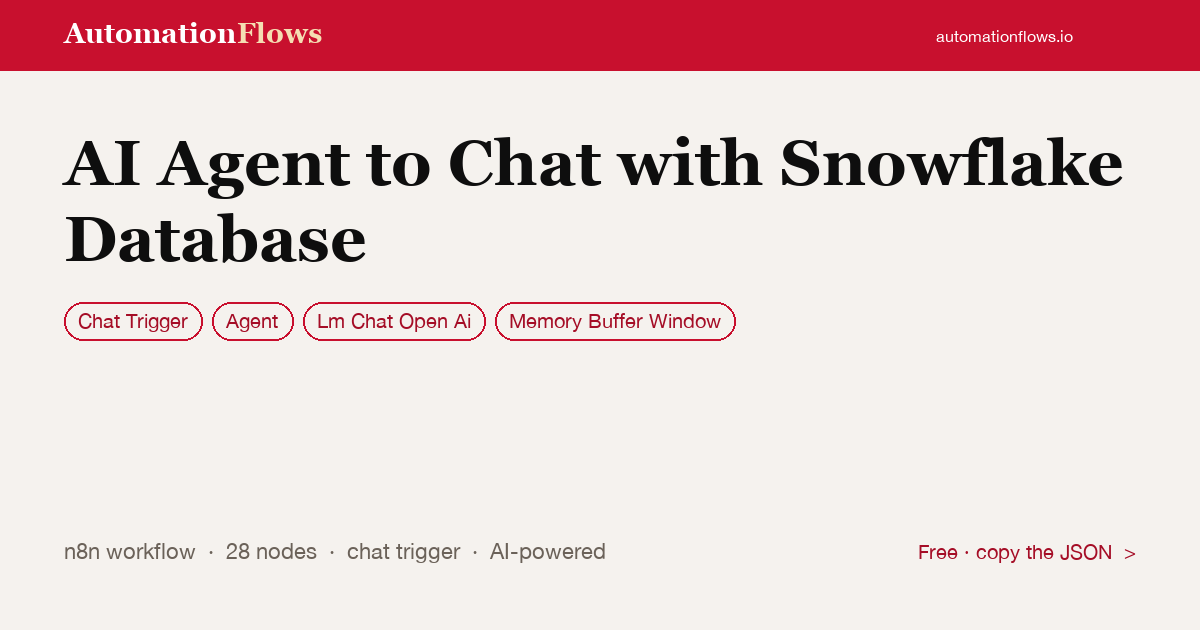 AI Agent to Chat with Snowflake Database — n8n workflow card showing Chat Trigger, Agent, OpenAI Chat integration
