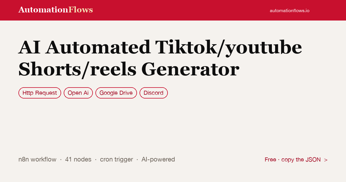 AI Automated TikTok/YouTube Shorts Generator — n8n workflow card showing HTTP Request, OpenAI, Google Drive integration