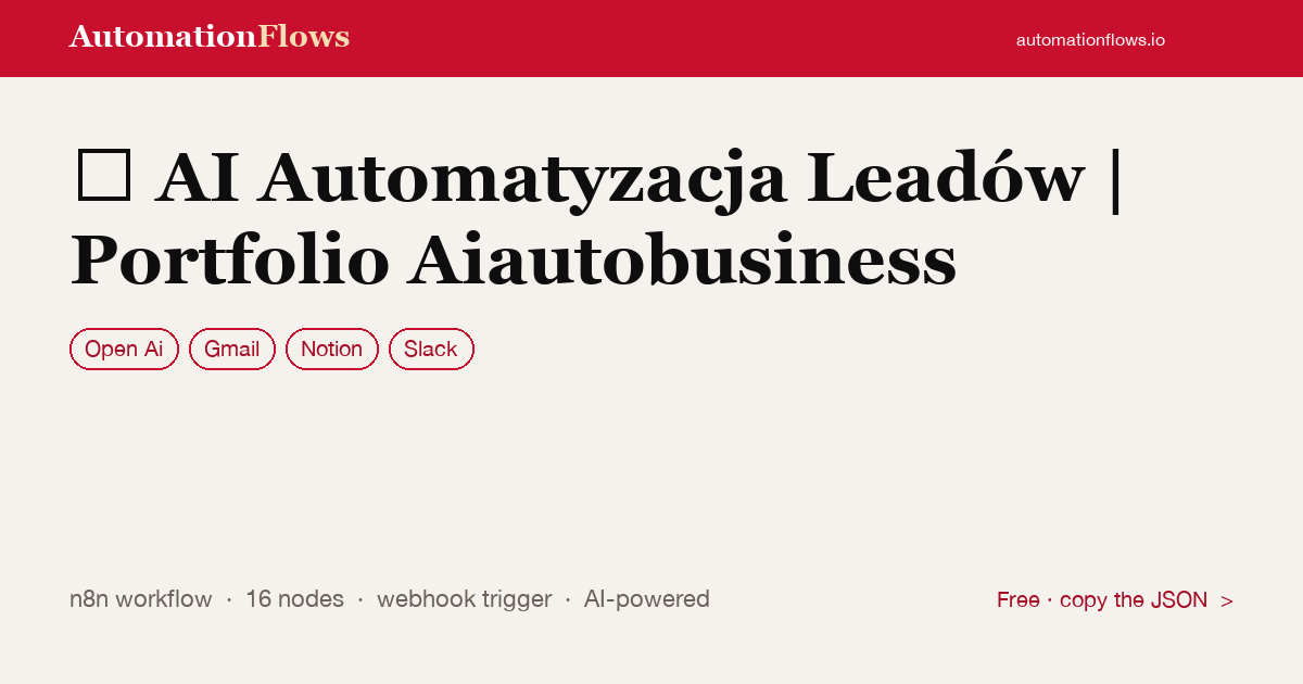 AI Automatyzacja Leadów | Portfolio Aiautobusiness — n8n workflow card showing OpenAI, Gmail, Notion integration