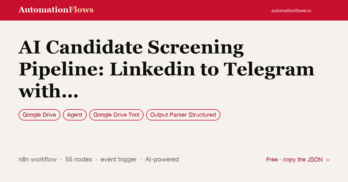 AI Candidate Screening Pipeline: Linkedin to Telegram with Gemini & Apify — n8n workflow card showing Google Drive, Agent, Google Drive Tool integration