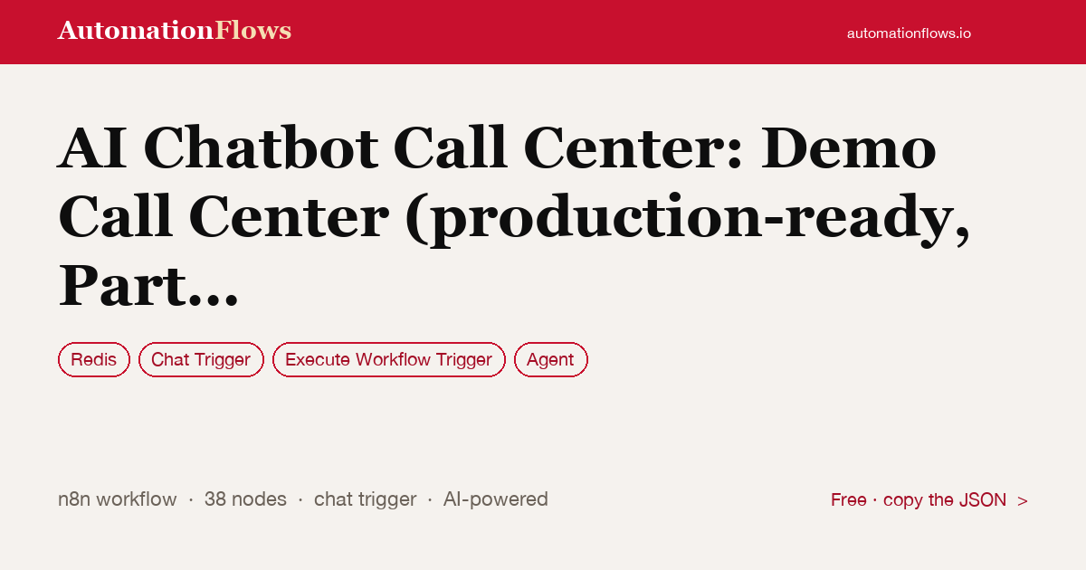 AI Chatbot Call Center: Demo Call Center (production-ready, Part 2) — n8n workflow card showing Redis, Chat Trigger, Execute Workflow Trigger integration