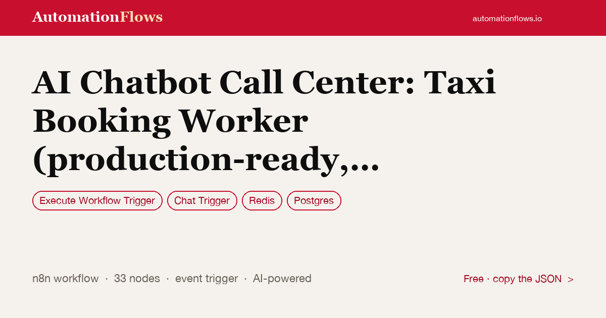 AI Chatbot Call Center: Taxi Booking Worker (production-ready, Part 5) — n8n workflow card showing Execute Workflow Trigger, Chat Trigger, Redis integration