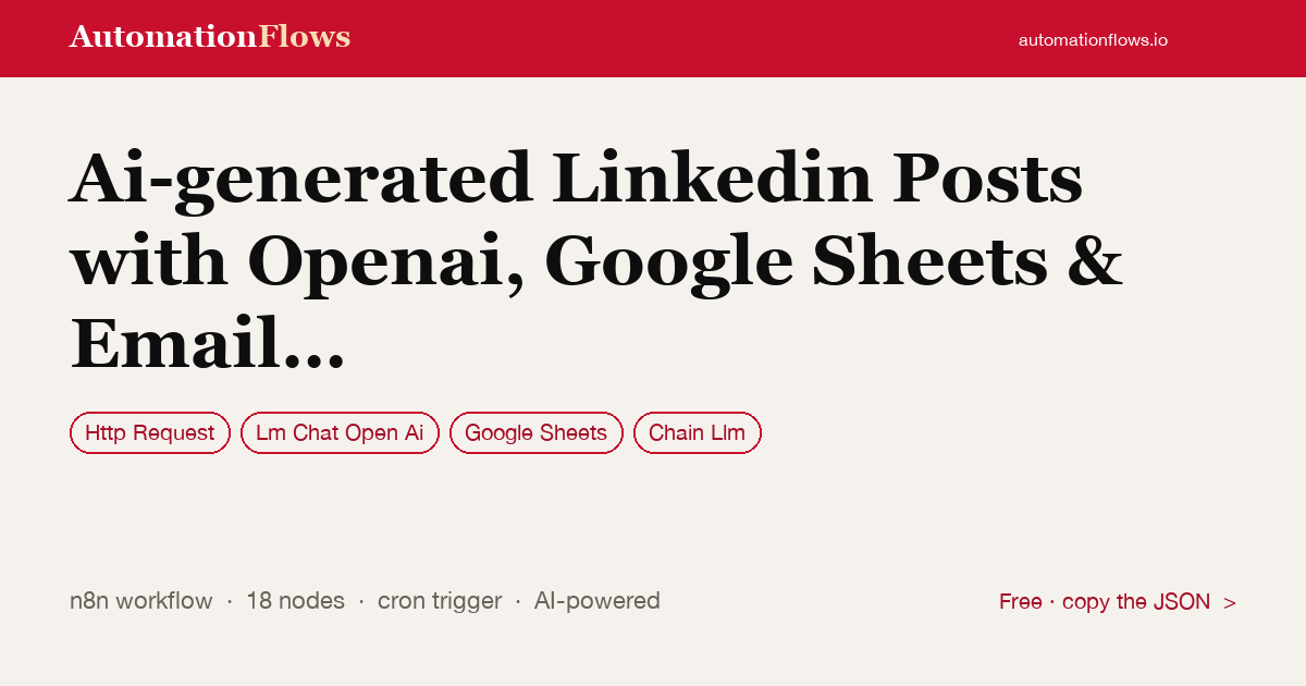 Generate LinkedIn Posts from Google Sheets with AI — n8n workflow card showing HTTP Request, OpenAI Chat, Google Sheets integration