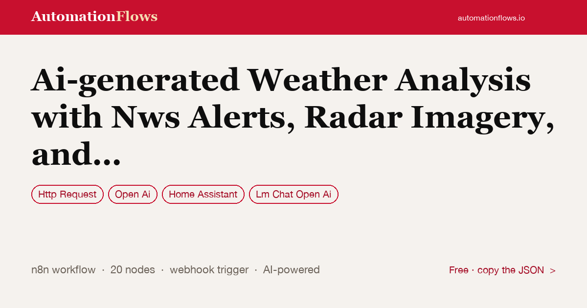 Ai-generated Weather Analysis with Nws Alerts, Radar Imagery, and Home Assistant — n8n workflow card showing HTTP Request, OpenAI, Home Assistant integration