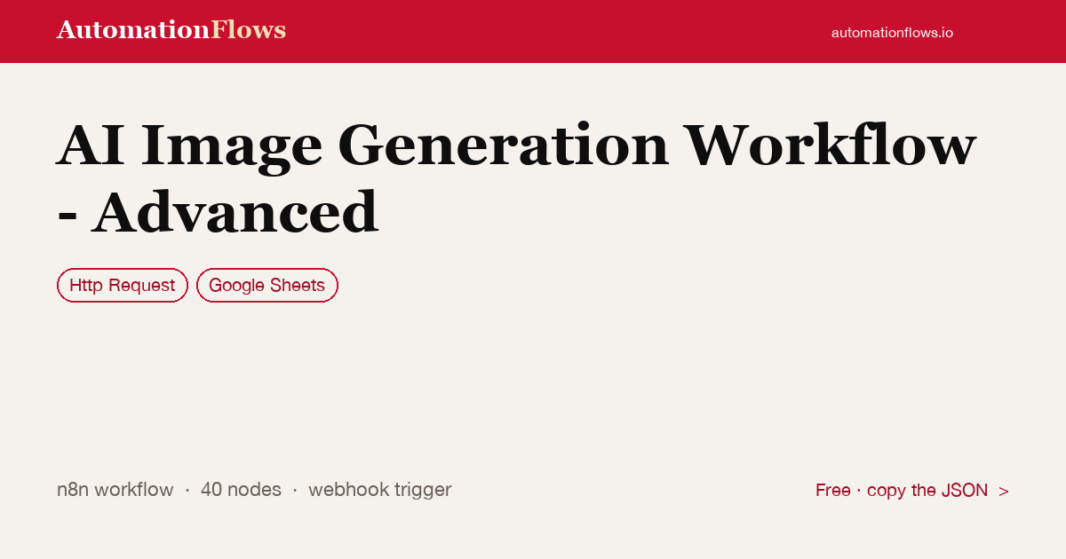 AI Image Generation Workflow - Advanced — n8n workflow card showing HTTP Request, Google Sheets integration