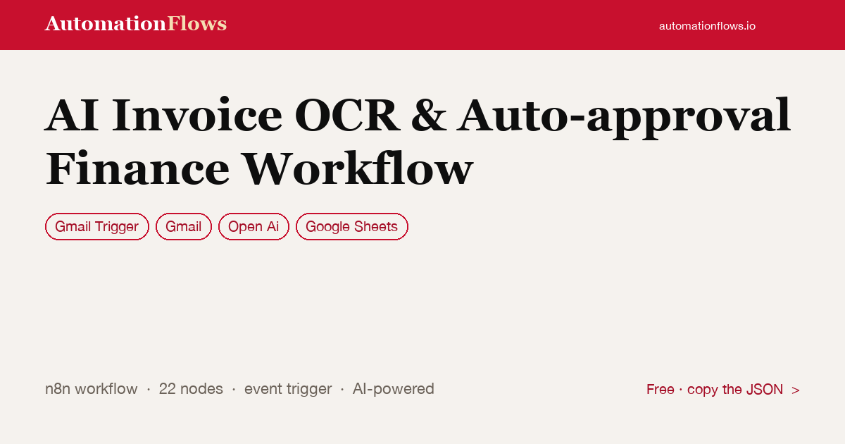 AI Invoice OCR & Auto-approval Finance Workflow — n8n workflow card showing Gmail Trigger, Gmail, OpenAI integration