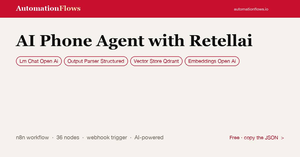 AI Phone Agent with RetellAI & OpenAI — n8n workflow card showing OpenAI Chat, Output Parser Structured, Qdrant Vector Store integration
