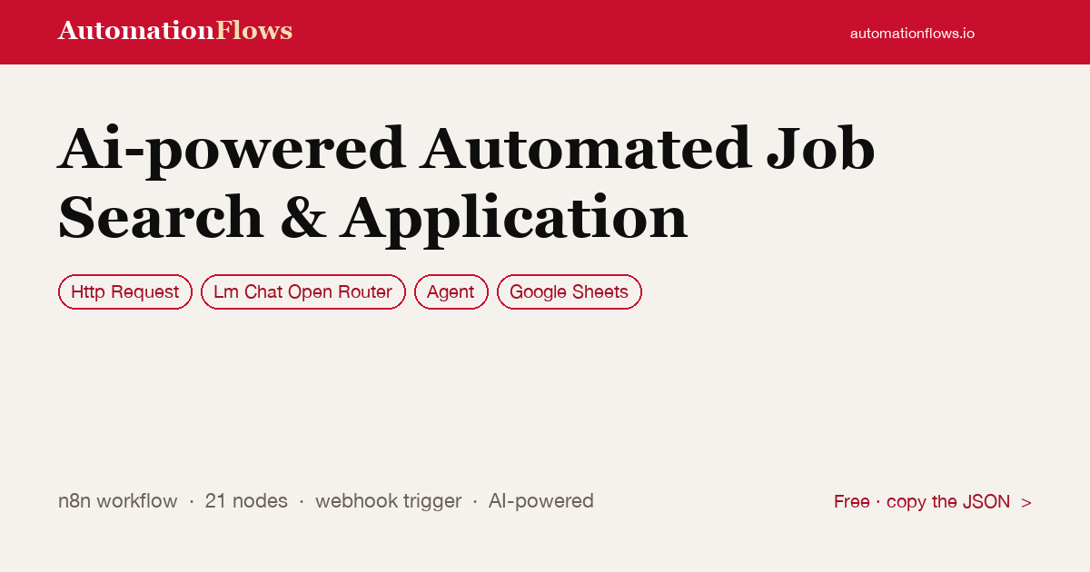 Ai-powered Automated Job Search & Application — n8n workflow card showing HTTP Request, OpenRouter Chat, Agent integration