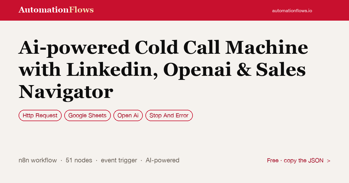 Ai-powered Cold Call Machine with Linkedin, Openai & Sales Navigator — n8n workflow card showing HTTP Request, Google Sheets, OpenAI integration