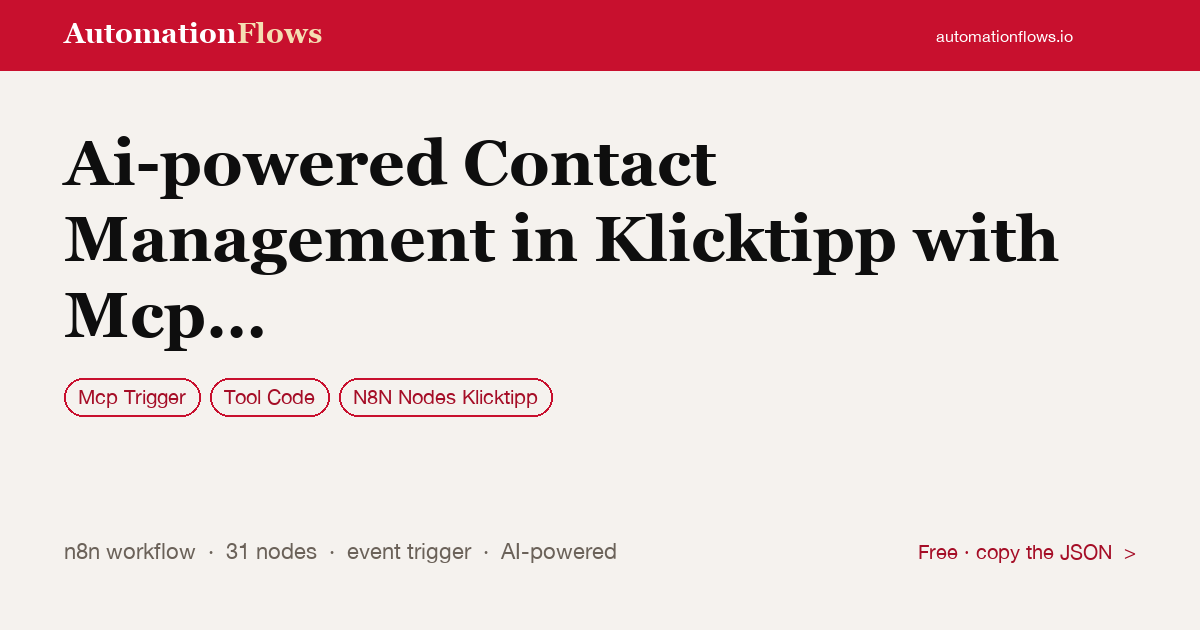 Ai-powered Contact Management in Klicktipp with Mcp Server — n8n workflow card showing Mcp Trigger, Tool Code, N8N Nodes Klicktipp integration