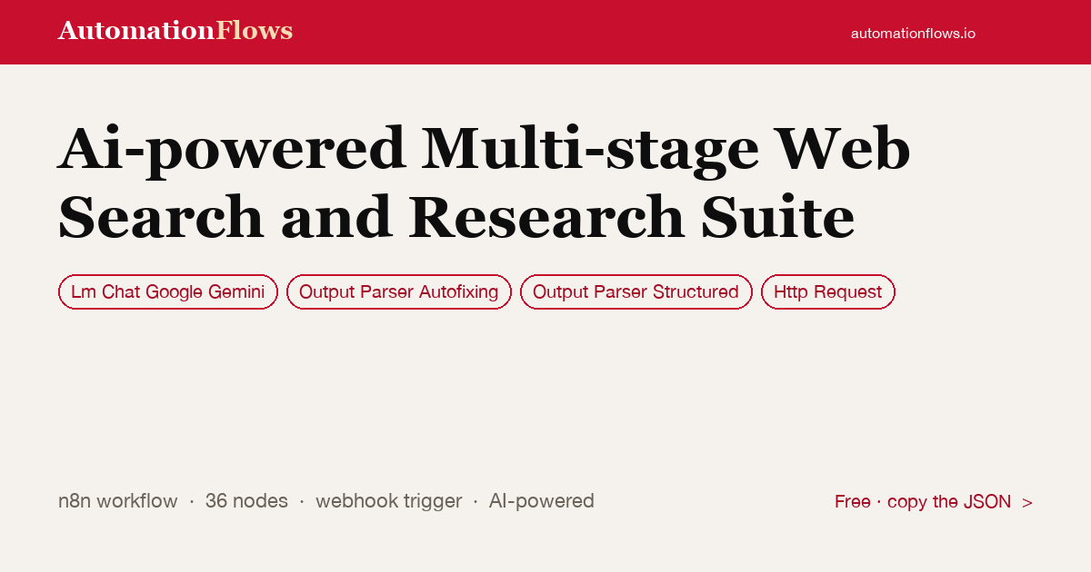 Ai-powered Multi-stage Web Search and Research Suite — n8n workflow card showing Google Gemini Chat, Output Parser Autofixing, Output Parser Structured integration