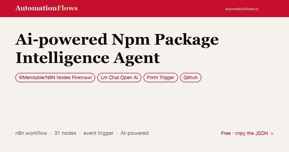 Ai-powered Npm Package Intelligence Agent — n8n workflow card showing @Mendable/N8N Nodes Firecrawl, OpenAI Chat, Form Trigger integration