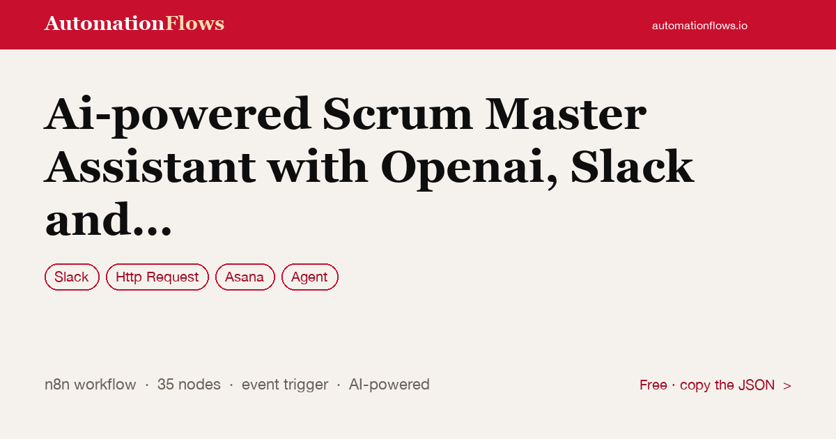 AI Scrum Master: Slack & Asana Daily Meeting Assistant — n8n workflow card showing Slack, HTTP Request, Asana integration