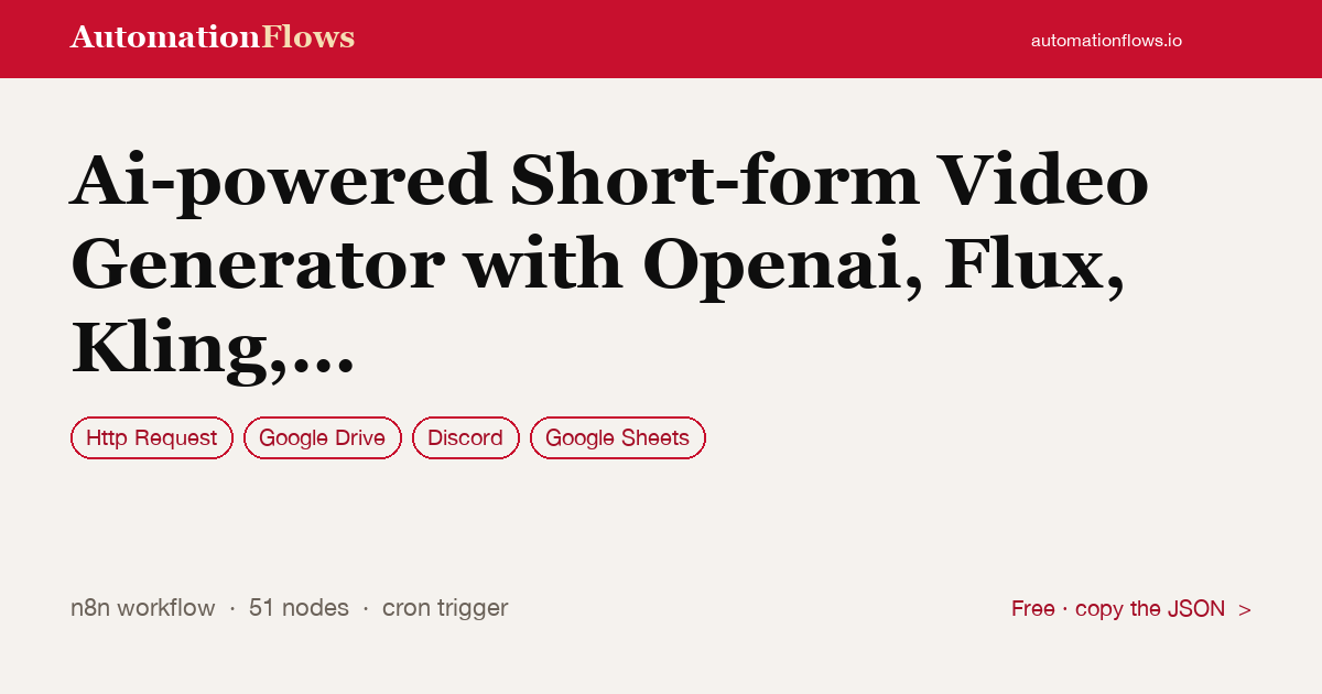 Ai-powered Short-form Video Generator with Openai, Flux, Kling, and… — n8n workflow card showing HTTP Request, Google Drive, Discord integration
