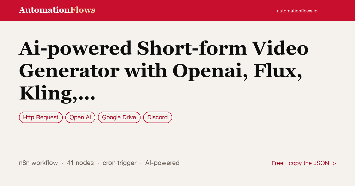 AI Short-Form Video Generator with OpenAI and Flux — n8n workflow card showing HTTP Request, OpenAI, Google Drive integration