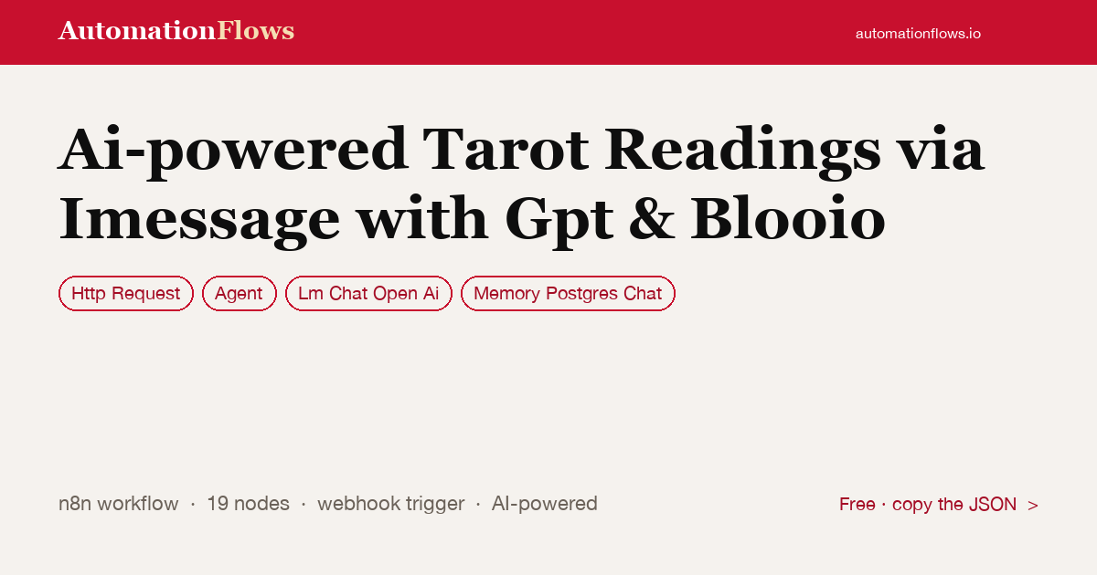 Ai-powered Tarot Readings via Imessage with Gpt & Blooio — n8n workflow card showing HTTP Request, Agent, OpenAI Chat integration