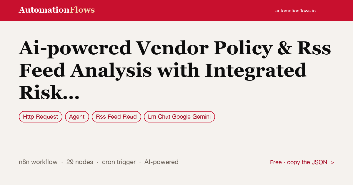 Ai-powered Vendor Policy & RSS Feed Analysis with Integrated Risk Scoring — n8n workflow card showing HTTP Request, Agent, RSS Feed Read integration