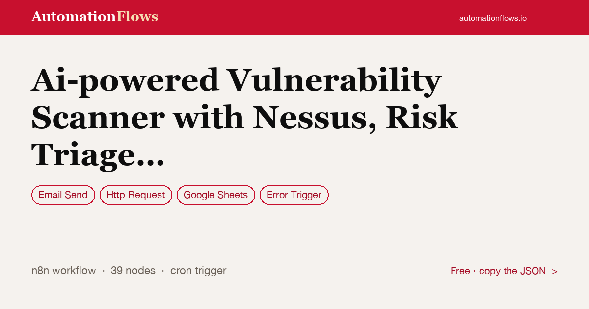Ai-powered Vulnerability Scanner with Nessus, Risk Triage & Google Sheets… — n8n workflow card showing Email Send, HTTP Request, Google Sheets integration