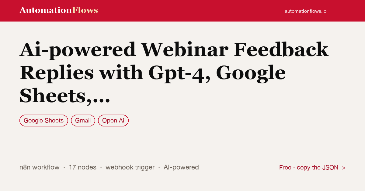 Ai-powered Webinar Feedback Replies with Gpt-4, Google Sheets, and Gmail — n8n workflow card showing Google Sheets, Gmail, OpenAI integration