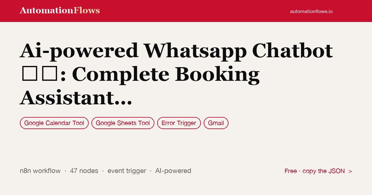 AI WhatsApp Booking Assistant with Gemini & Google Calendar — n8n workflow card showing Google Calendar Tool, Google Sheets Tool, Error Trigger integration