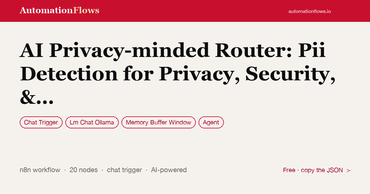 AI Privacy-minded Router: Pii Detection for Privacy, Security, & Compliance — n8n workflow card showing Chat Trigger, Ollama Chat, Memory Buffer Window integration