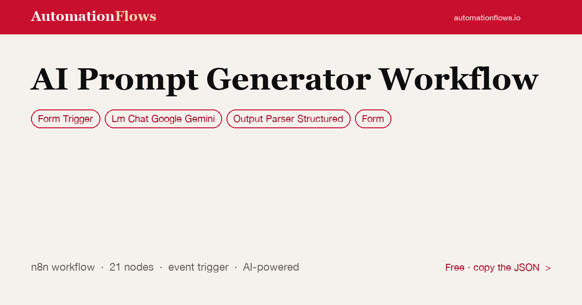 AI Prompt Generator from User Input — n8n workflow card showing Form Trigger, Google Gemini Chat, Output Parser Structured integration
