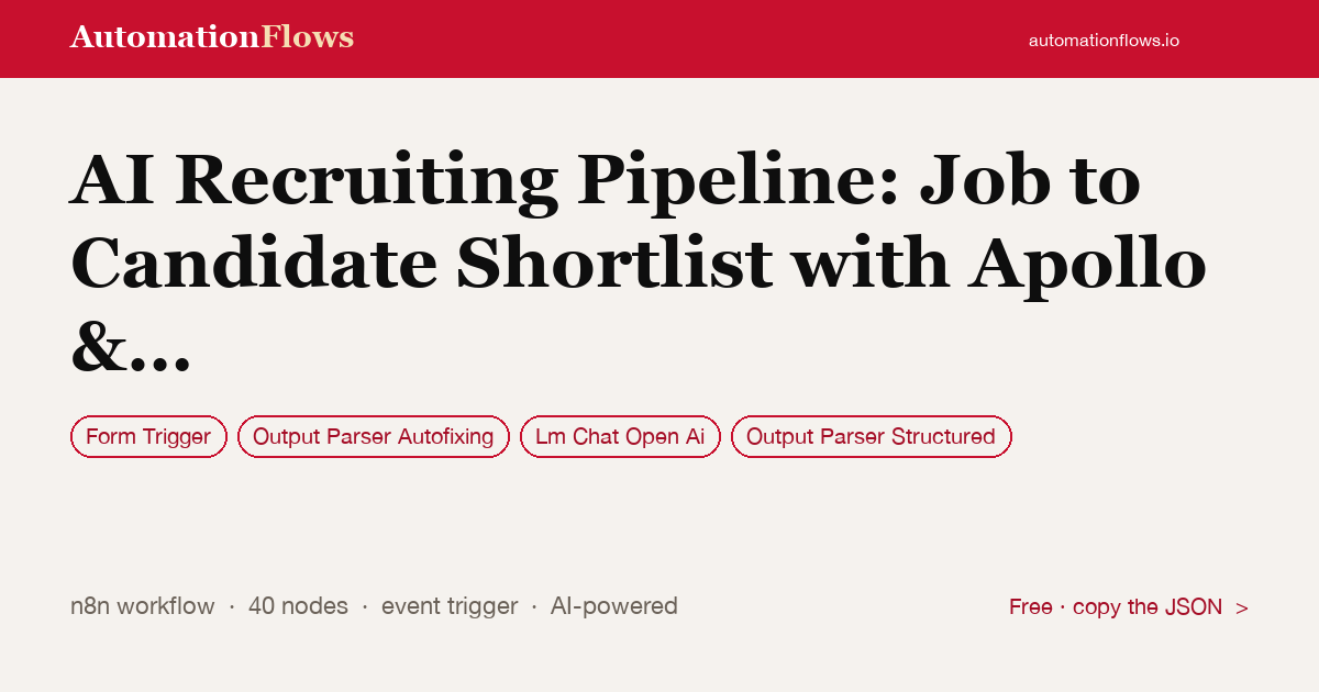 AI Recruiting Pipeline: Job to Candidate Shortlist with Apollo & Airtable — n8n workflow card showing Form Trigger, Output Parser Autofixing, OpenAI Chat integration