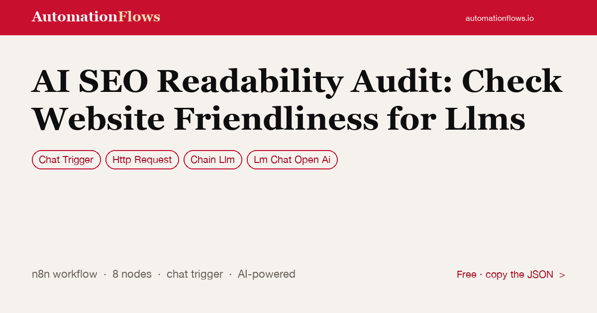 AI SEO Readability Audit: Check Website Friendliness for LLMs — n8n workflow card showing Chat Trigger, HTTP Request, Chain Llm integration