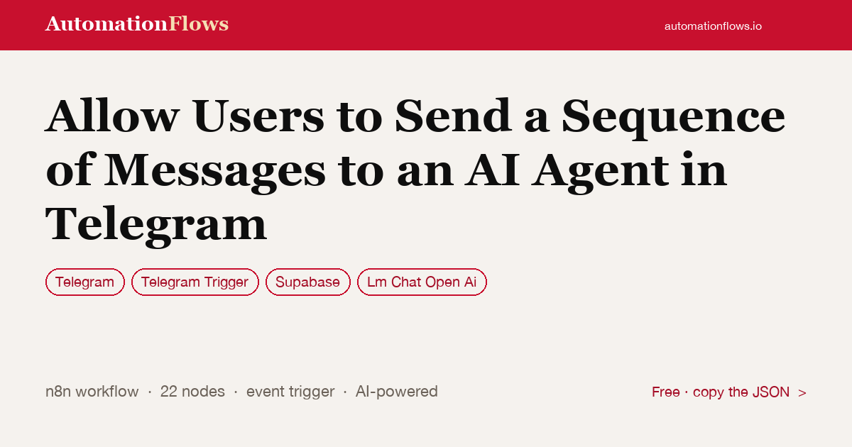 Handle Multi-Message Telegram Inputs for AI Agents — n8n workflow card showing Telegram, Telegram Trigger, Supabase integration