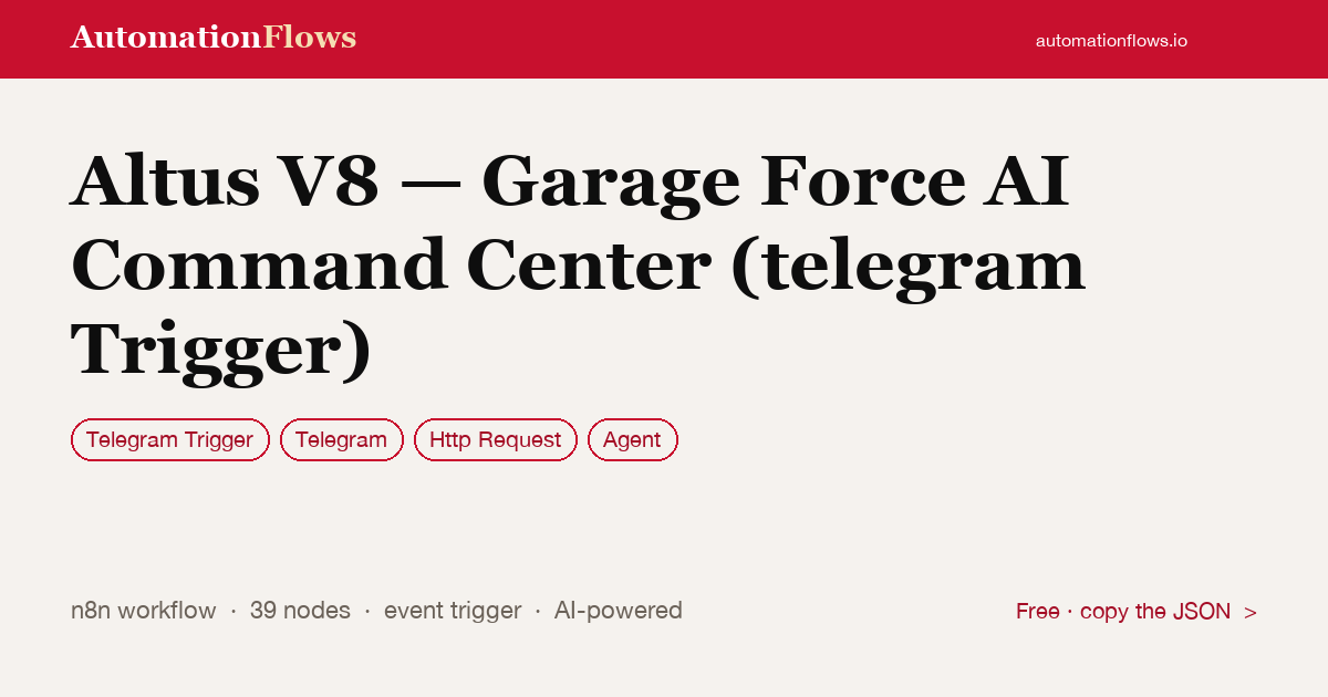 Altus V8 — Garage Force AI Command Center (telegram Trigger) — n8n workflow card showing Telegram Trigger, Telegram, HTTP Request integration