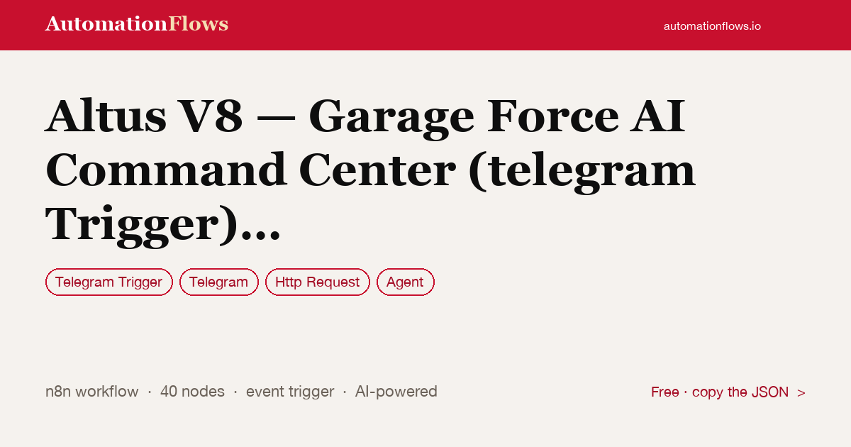 Altus V8 — Garage Force AI Command Center (telegram Trigger) #2 — n8n workflow card showing Telegram Trigger, Telegram, HTTP Request integration