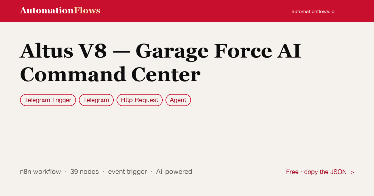 Altus V8 — Garage Force AI Command Center — n8n workflow card showing Telegram Trigger, Telegram, HTTP Request integration