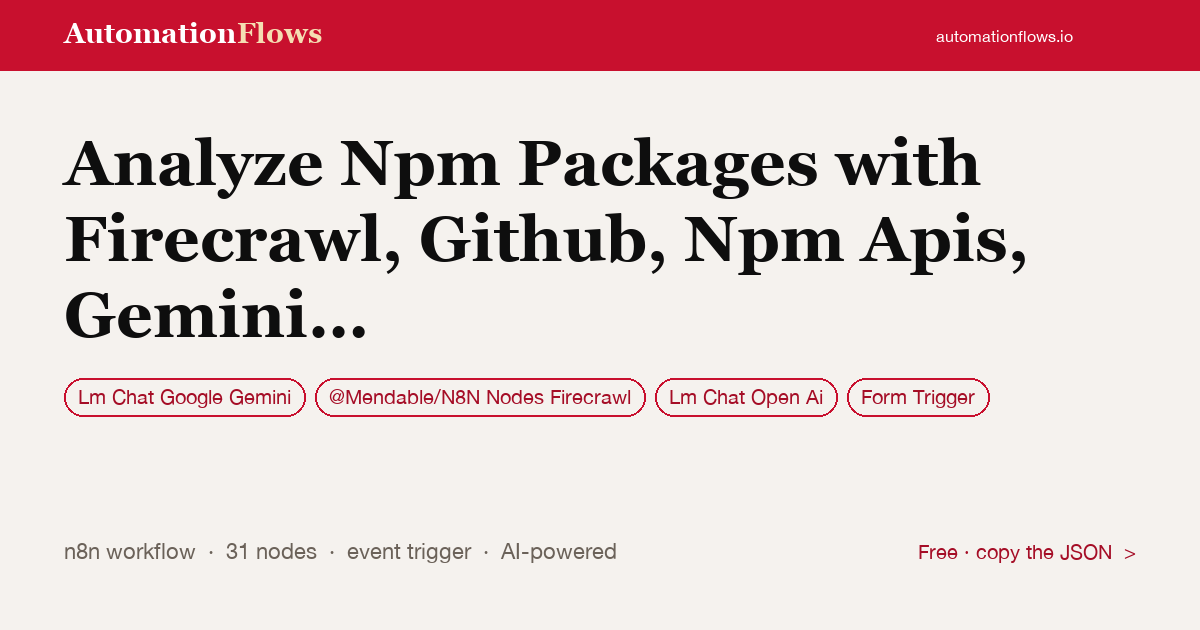 Analyze Npm Packages with Firecrawl, Github, Npm Apis, Gemini and Gpt — n8n workflow card showing Google Gemini Chat, @Mendable/N8N Nodes Firecrawl, OpenAI Chat integration