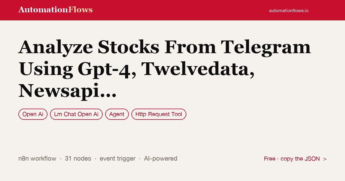 Analyze Stocks From Telegram Using Gpt-4, Twelvedata, Newsapi and Chart-img — n8n workflow card showing OpenAI, OpenAI Chat, Agent integration
