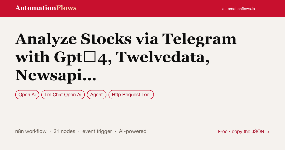 Analyze Stocks via Telegram with Gpt‑4, Twelvedata, Newsapi and Chart Images — n8n workflow card showing OpenAI, OpenAI Chat, Agent integration