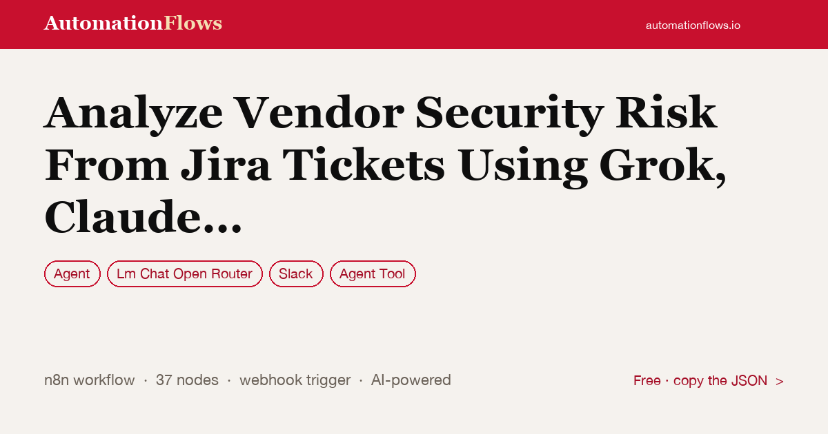 Analyze Vendor Security Risk From Jira Tickets Using Grok, Claude and Slack — n8n workflow card showing Agent, OpenRouter Chat, Slack integration