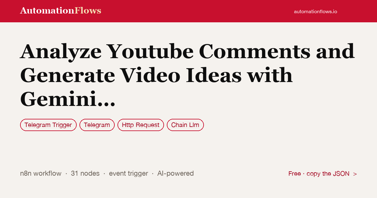 Analyze Youtube Comments and Generate Video Ideas with Gemini and Telegram — n8n workflow card showing Telegram Trigger, Telegram, HTTP Request integration