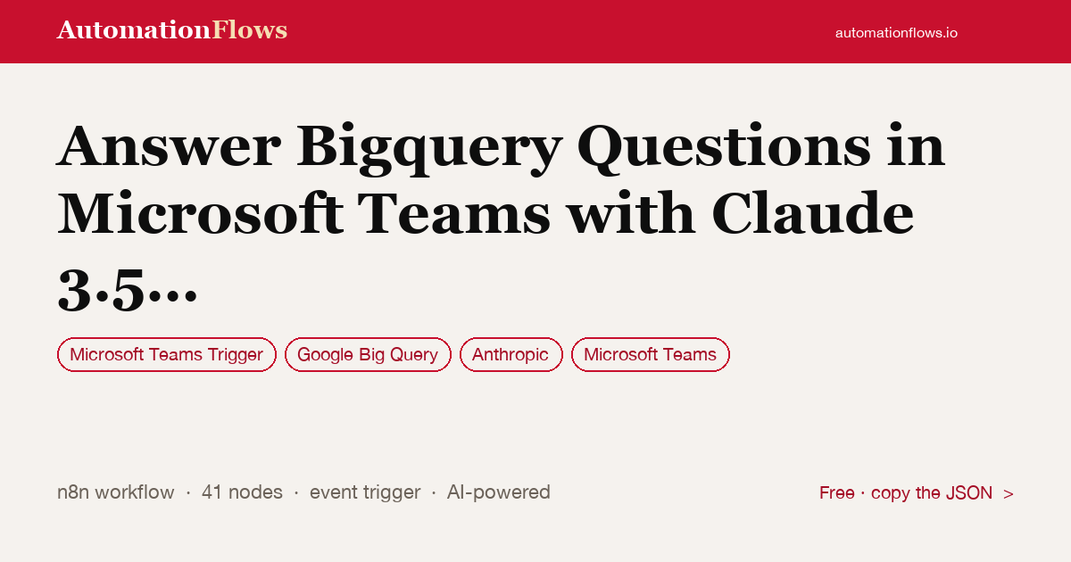 Answer Bigquery Questions in Microsoft Teams with Claude 3.5 Dual Agents — n8n workflow card showing Microsoft Teams Trigger, Google BigQuery, Anthropic integration