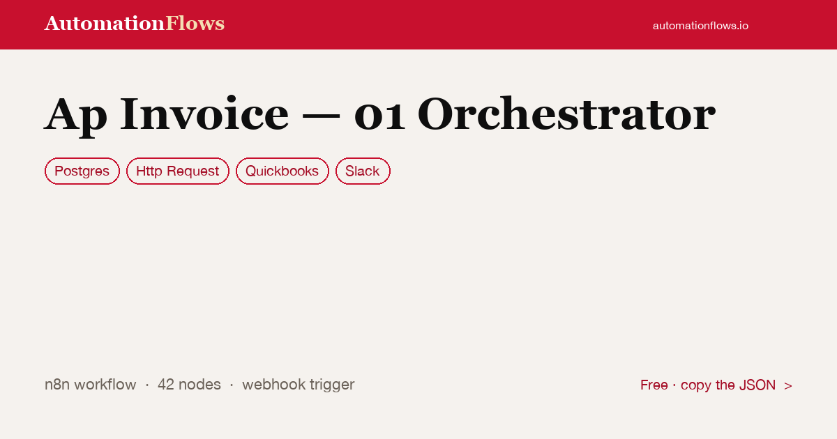 Ap Invoice — 01 Orchestrator — n8n workflow card showing Postgres, HTTP Request, QuickBooks integration