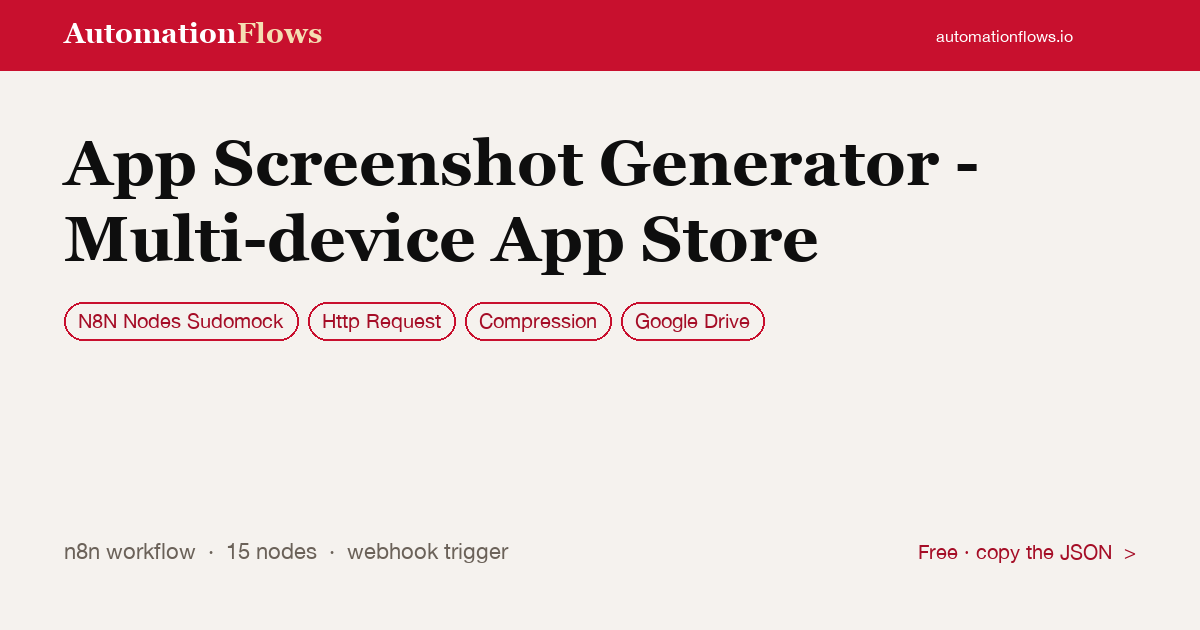 Generate Multi-Device App Screenshots — n8n workflow card showing N8N Nodes Sudomock, HTTP Request, Compression integration