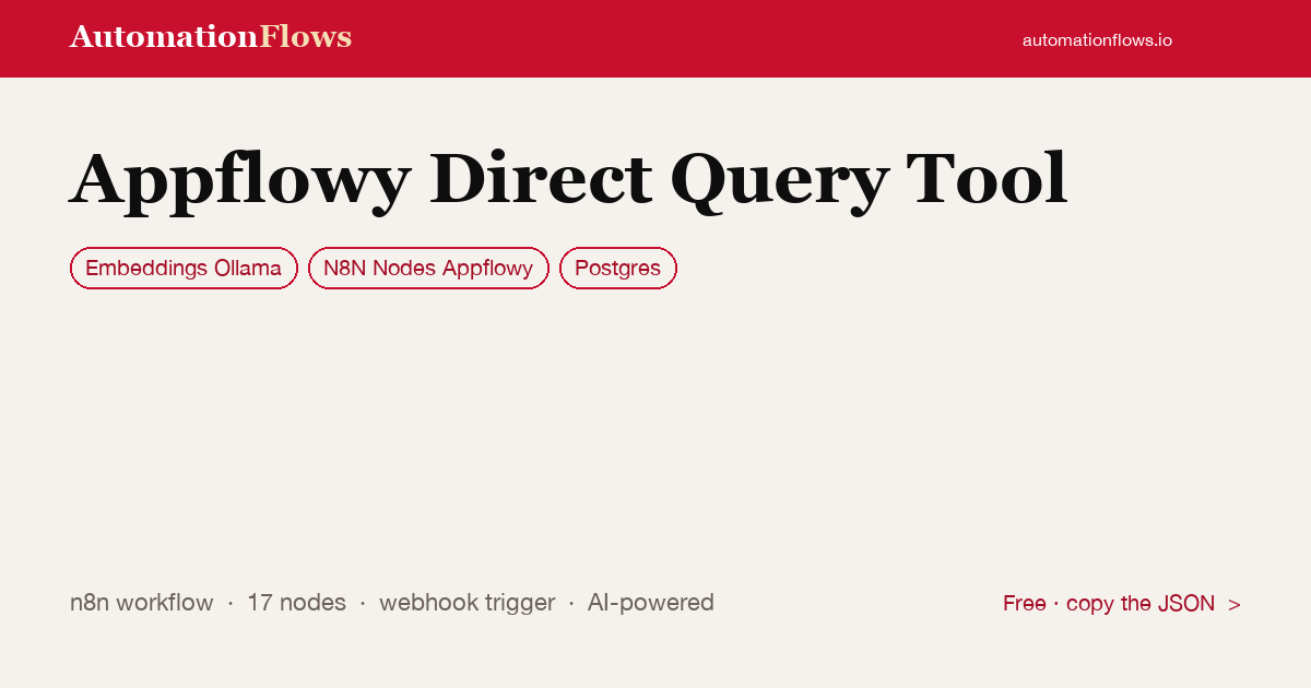 AppFlowy Semantic Query Tool with Ollama — n8n workflow card showing Ollama Embeddings, N8N Nodes Appflowy, Postgres integration