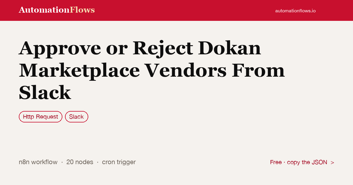 Approve or Reject Dokan Marketplace Vendors From Slack — n8n workflow card showing HTTP Request, Slack integration