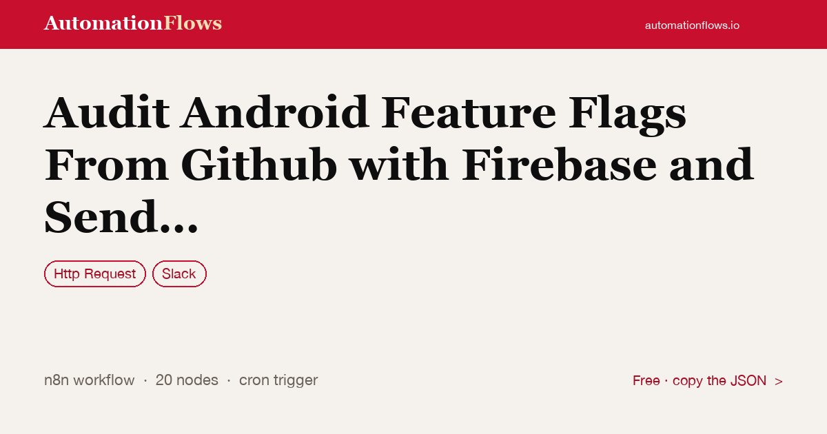 Audit Android Feature Flags From Github with Firebase and Send Slack Reports — n8n workflow card showing HTTP Request, Slack integration